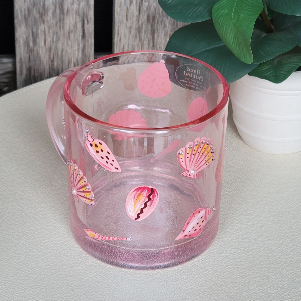 Seashells & Rhinestones Handpainted Pink Transparent Glass Mug - Picture 3 of 11